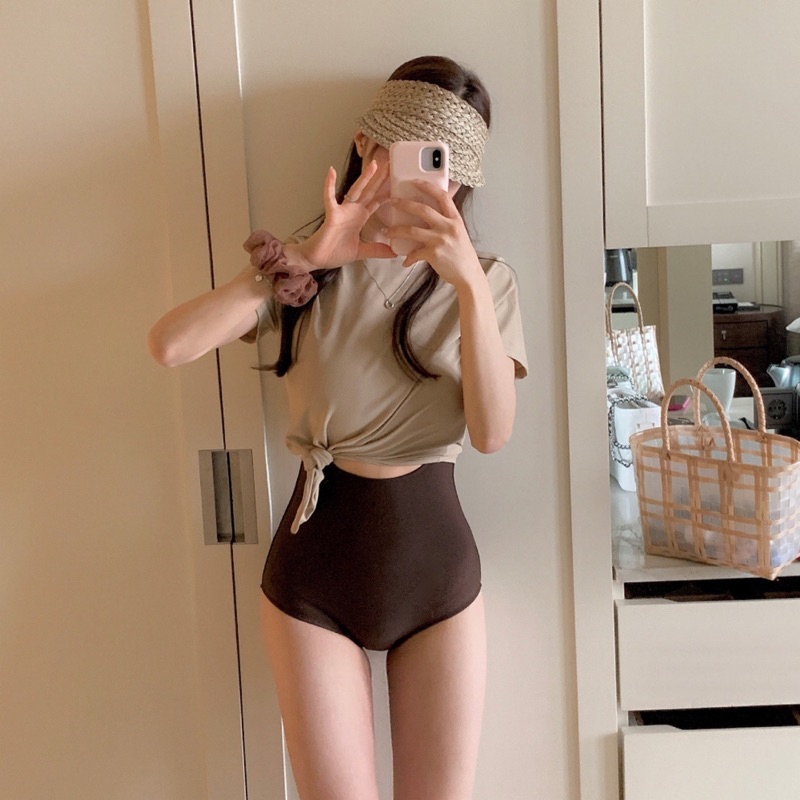 Đồ bơi nữ , bikini 2 mảnh liền thân áo buộc eo nâu sữa