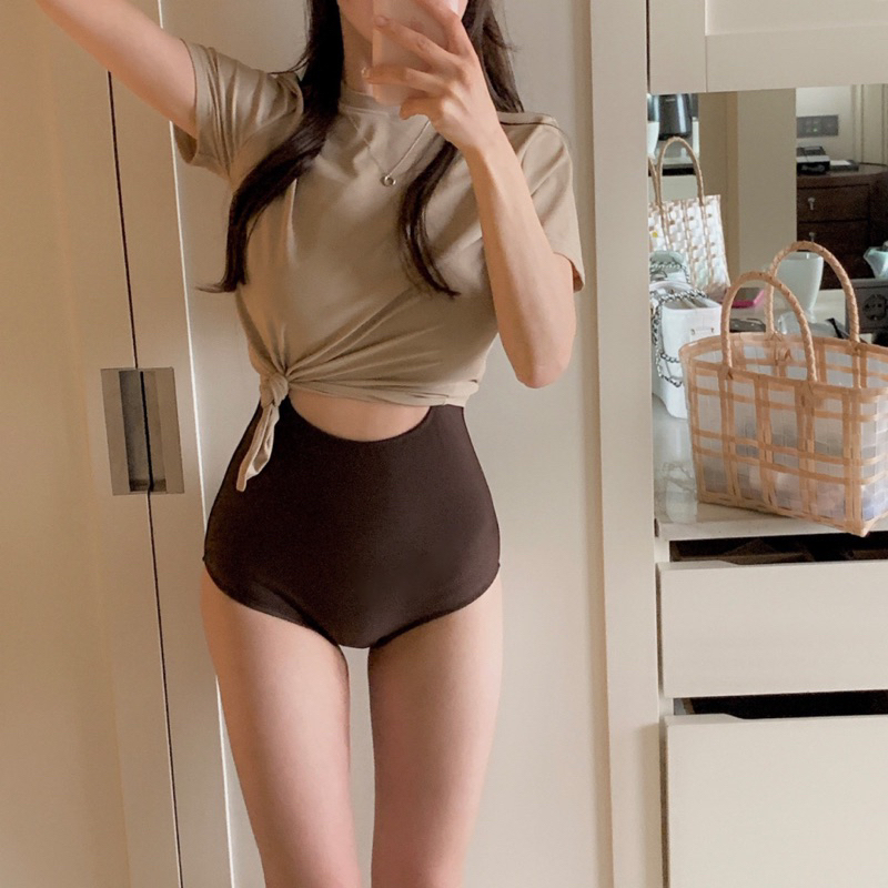 Đồ bơi nữ , bikini 2 mảnh liền thân áo buộc eo nâu sữa