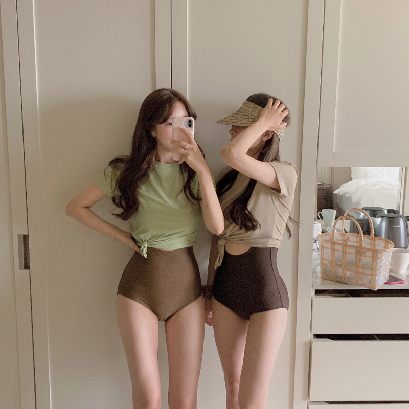 Đồ bơi nữ , bikini 2 mảnh liền thân áo buộc eo nâu sữa