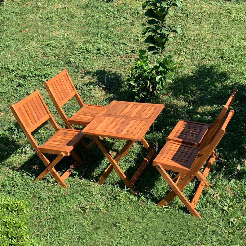 Bộ bàn ghế café mini xếp gọn ngoài trời IBIE Timor gỗ keo, tùy chọn số ghế, mặt bàn