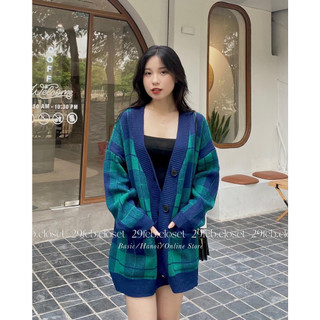 Áo Cardigan Len kẻ caro xanh đen hàng QC cao cấp siêu xịn