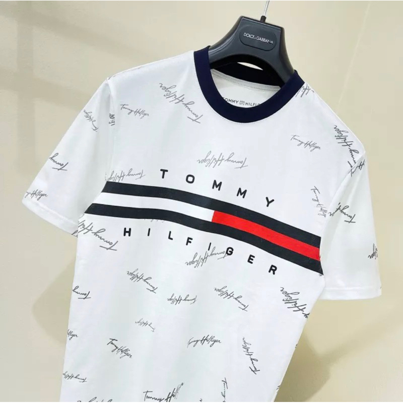 Áo thun Tomy hàng thêu bản chữ kí in chất liệu cotton bo cổ xịn xò