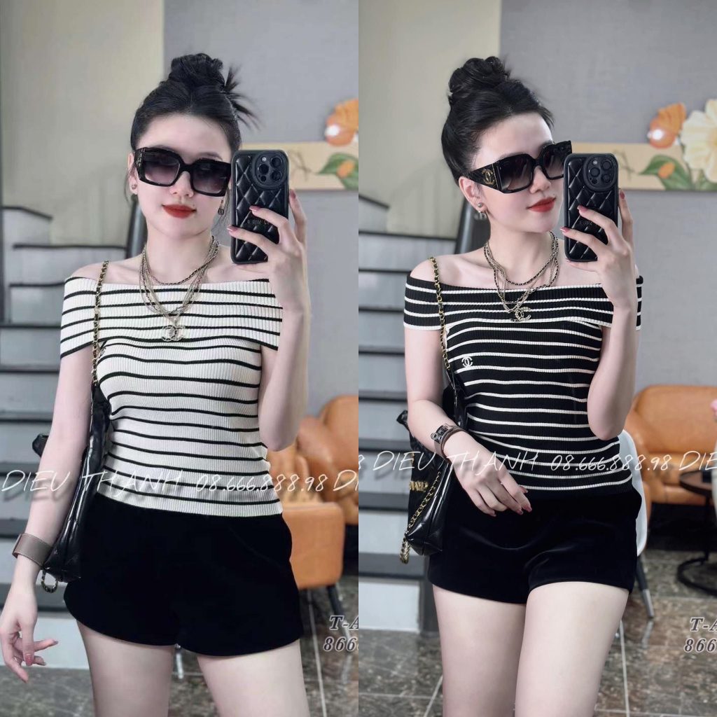 Áo len kẻ ngang trễ vai thêu C.N hàng QC