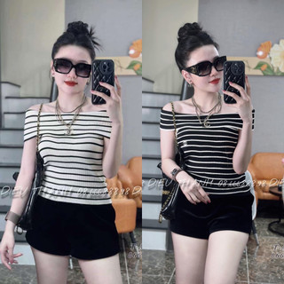 Áo len kẻ ngang trễ vai thêu C.N hàng QC