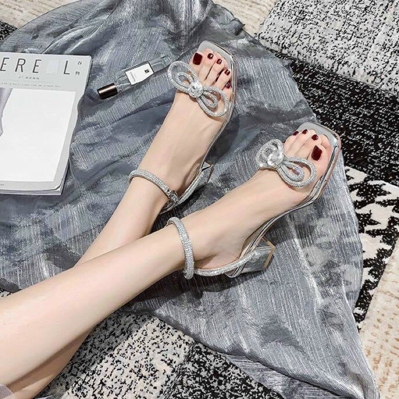 Giày cao gót Bigsize Sandal quai ngang nơ đá tiểu thư sáng lấp lánh gót vuông 5 phân SD108