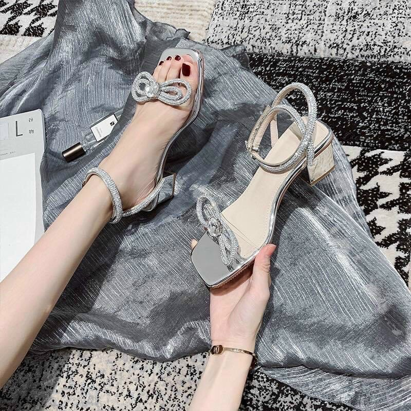 Giày cao gót Bigsize Sandal quai ngang nơ đá tiểu thư sáng lấp lánh gót vuông 5 phân SD108