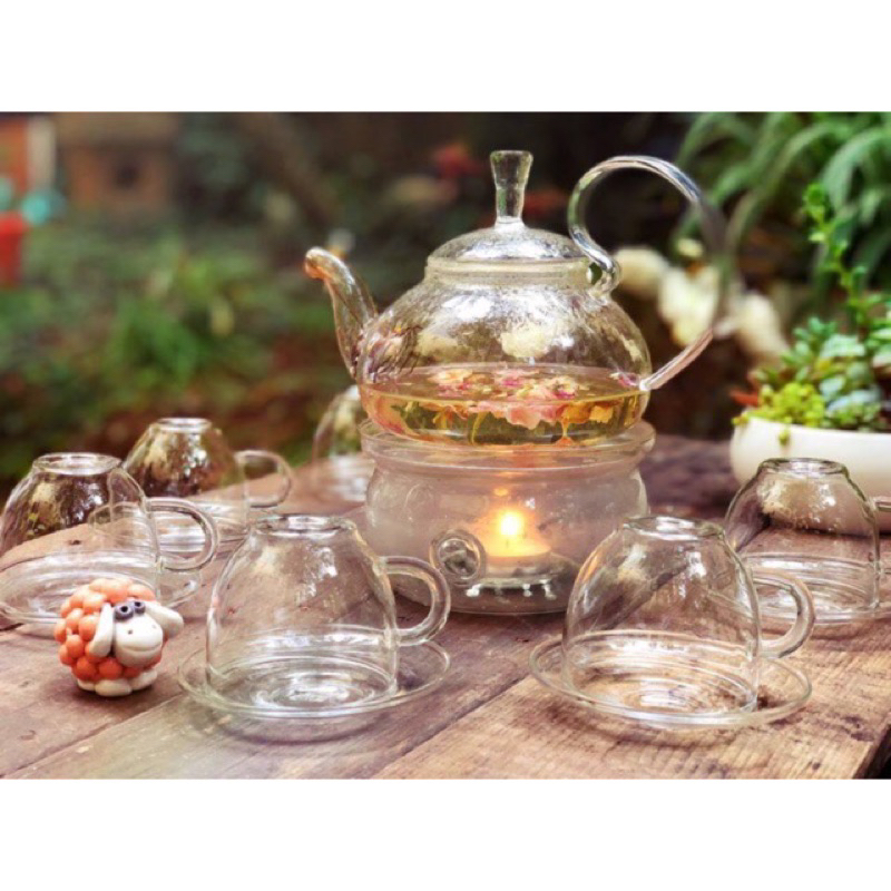 BỘ ẤM CHÉN THUỶ TINH CAO CẤP , CÓ BẾP NẾN , CHÉN VÀ ĐĨA KÊ