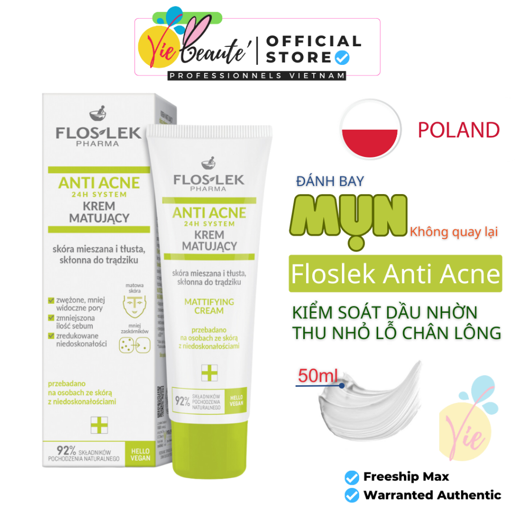 Kem dưỡng Floslek kem kiểm soát dầu điều tiết nhờn dành cho da dầu mụn, Floslek Anti Acne Mattifying 50ml