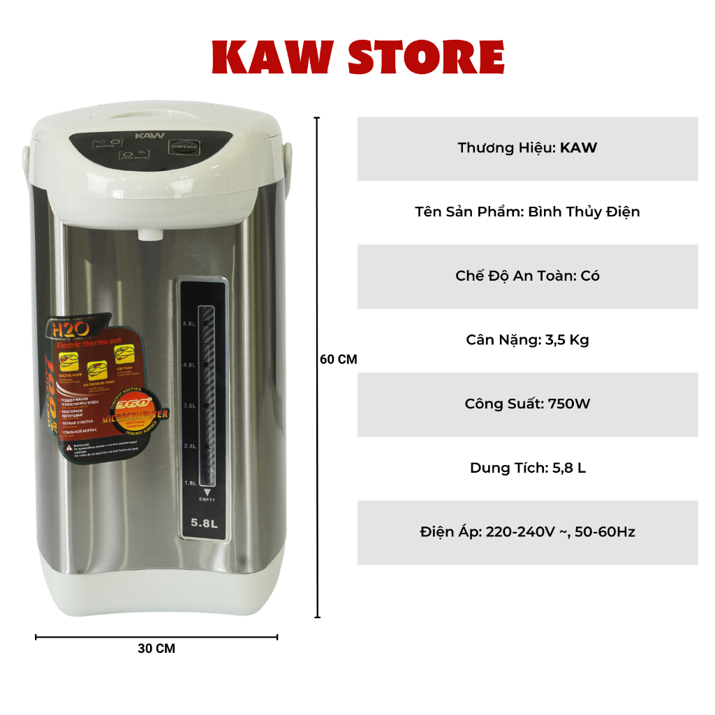 Bình thủy điện KAW 5.8L, bình đun nước giữ nhiệt dung tích lớn - An toàn, Giữ nhiệt lâu - Bảo hành chính hãng 12 tháng