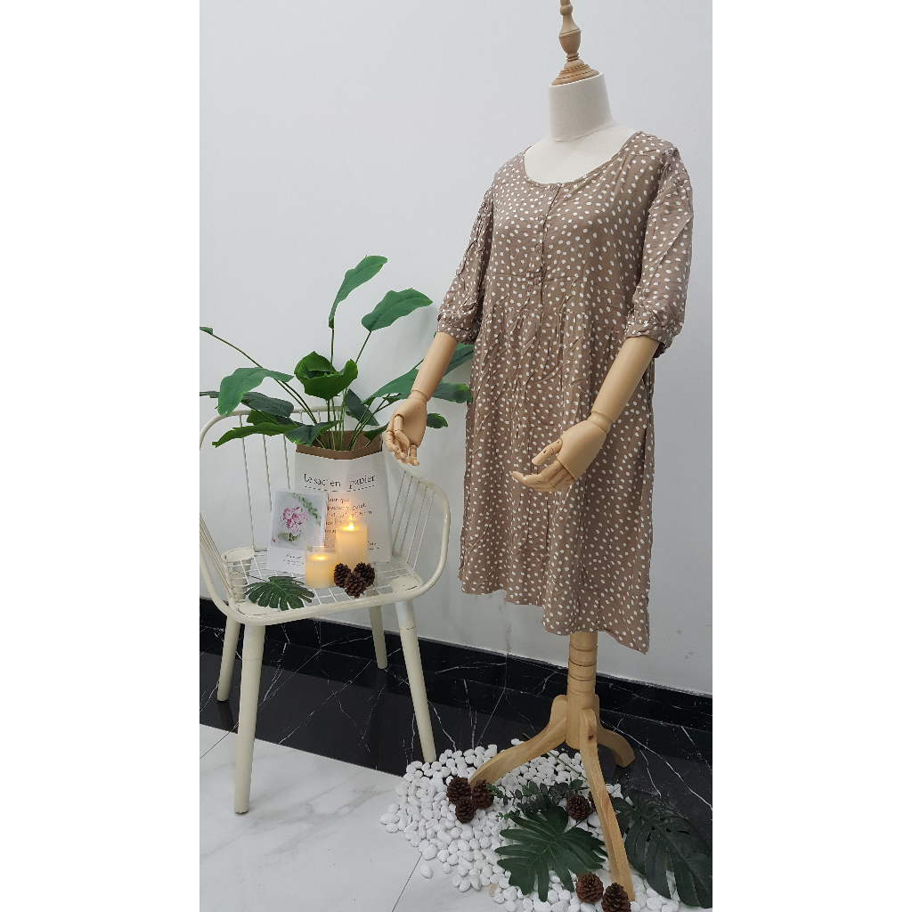 Đầm xô Nhật babydoll nâu bi bigsize 2hand