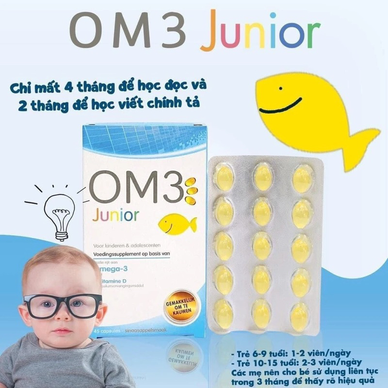 ✅ OM3 JUNIOR bổ sung omega3 cho bé tăng cường thị lực cải thiện trí nhớ hộp 45v