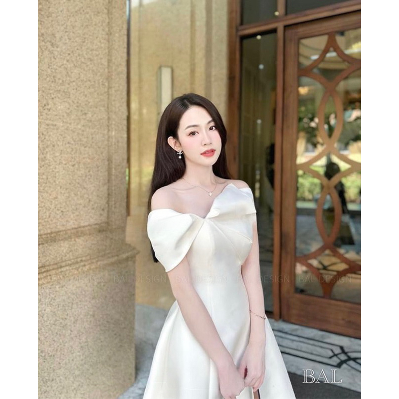 Váy Trễ Vai Nơ Đầm Dự Tiệc Dáng Dài Trắng Hồng Kèm Tag Đá Sang Chảnh