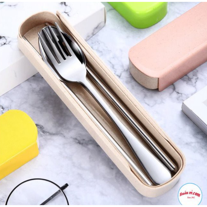 Bộ Đũa, thìa, dĩa inox kèm hộp màu pastel xinh xắn