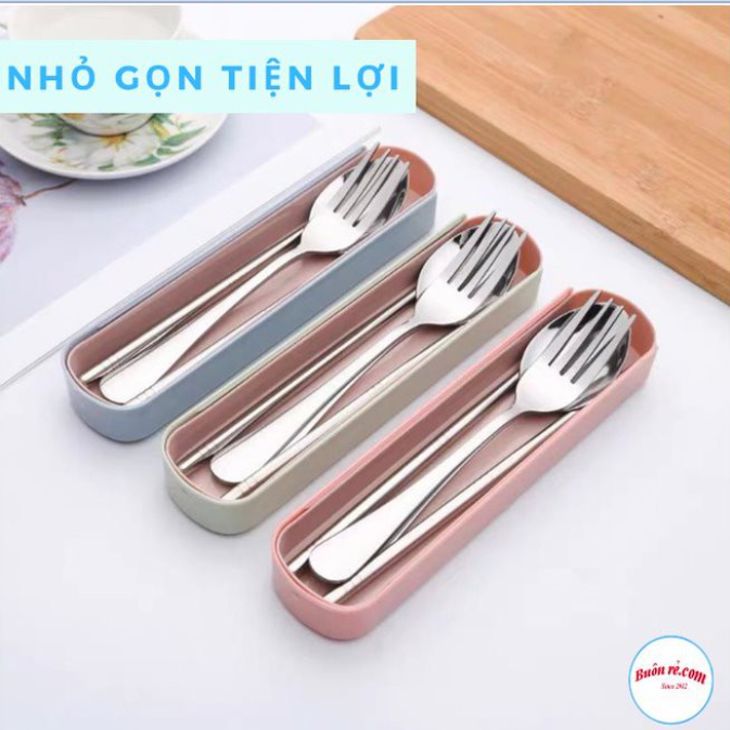 Bộ Đũa, thìa, dĩa inox kèm hộp màu pastel xinh xắn
