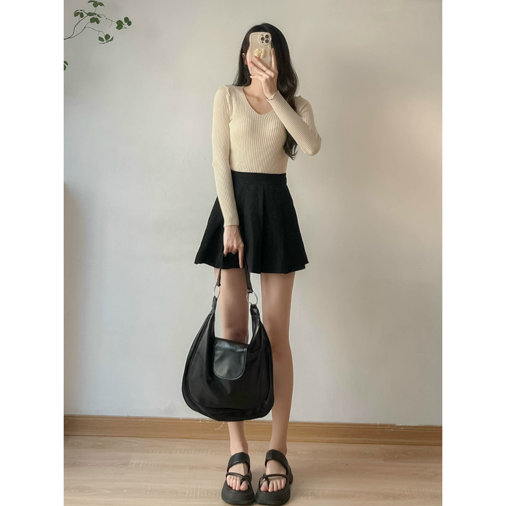 Áo len tăm quảng châu cổ tim dài tay hàng co giãn đẹp Maia 857 P6K12