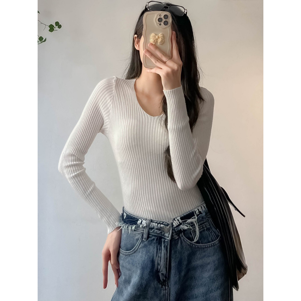 Áo len tăm quảng châu cổ tim dài tay hàng co giãn đẹp Maia 857 P6K12