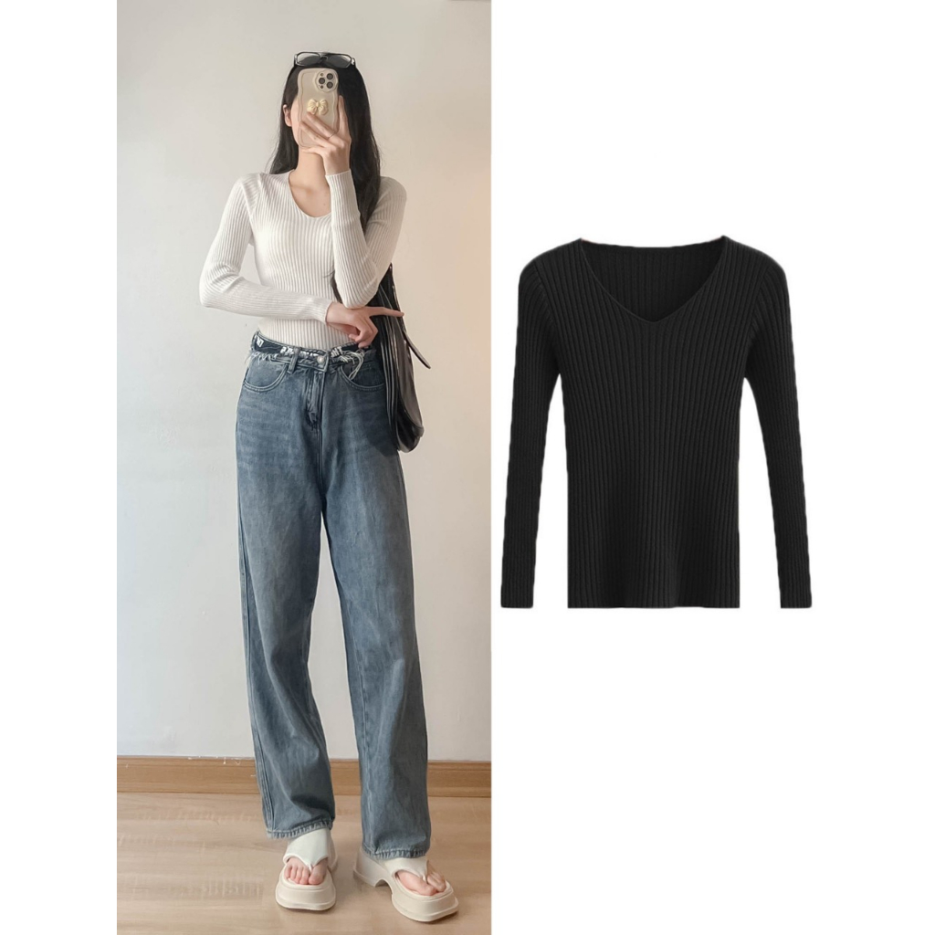 Áo len tăm quảng châu cổ tim dài tay hàng co giãn đẹp Maia 857 P6K12