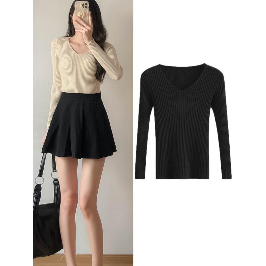 Áo len tăm quảng châu cổ tim dài tay hàng co giãn đẹp Maia 857 P6K12