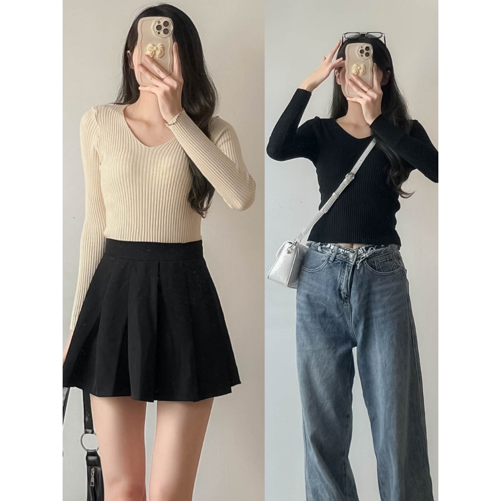 Áo len tăm quảng châu cổ tim dài tay hàng co giãn đẹp Maia 857 P6K12