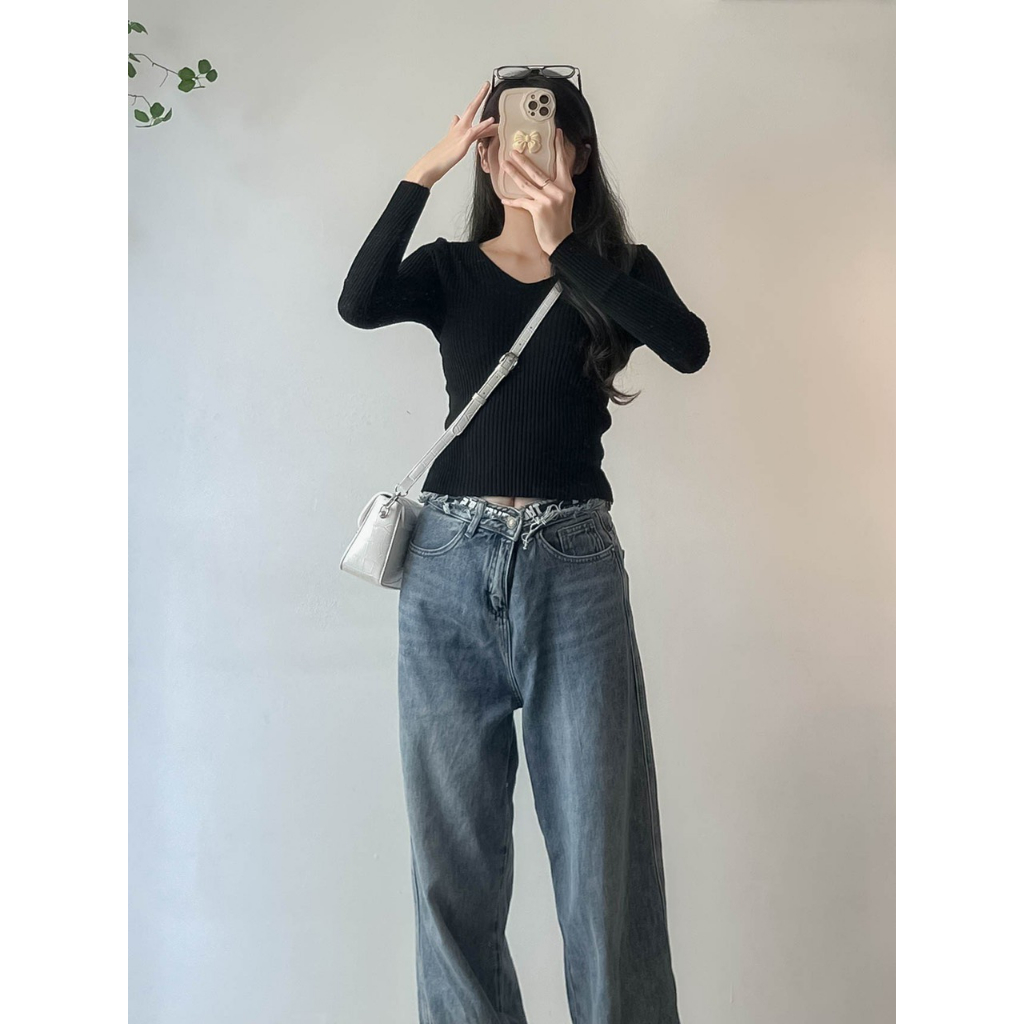 Áo len tăm quảng châu cổ tim dài tay hàng co giãn đẹp Maia 857 P6K12