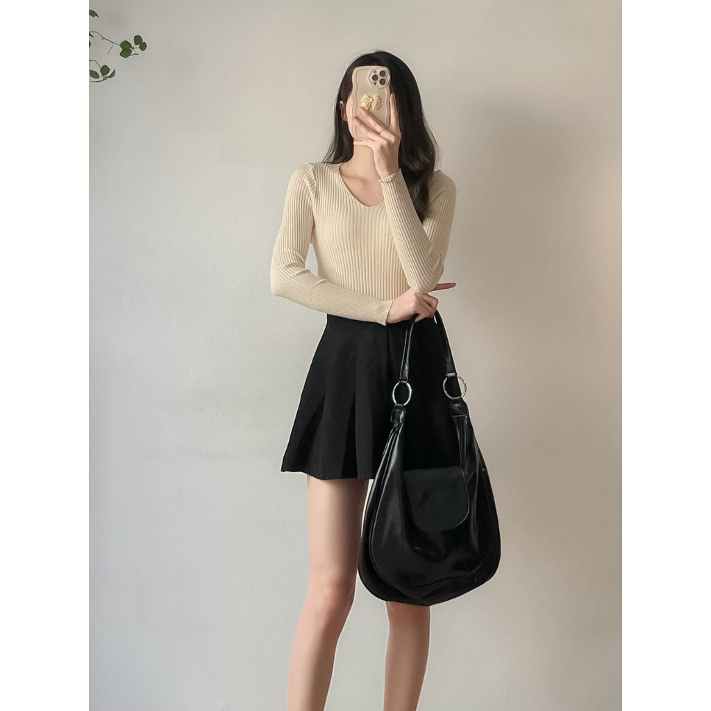 Áo len tăm quảng châu cổ tim dài tay hàng co giãn đẹp Maia 857 P6K12