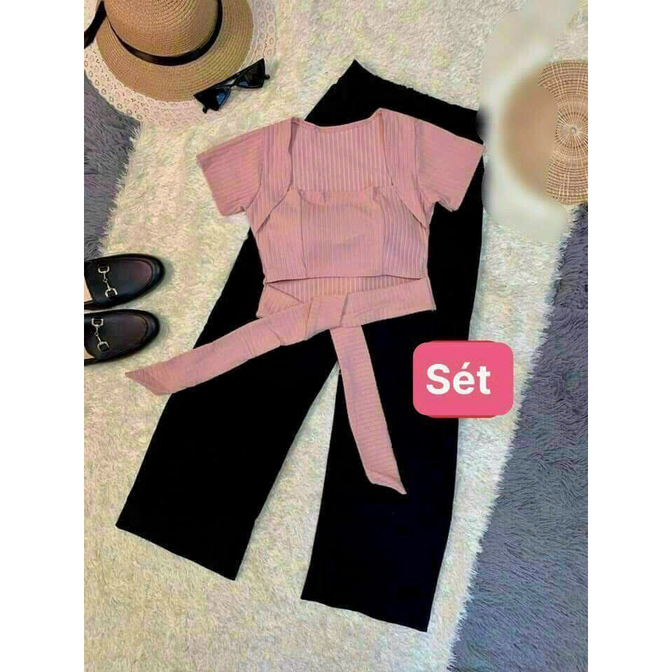 Set bộ nữ đi chơi, set áo thun cổ vuông tay ngắn cột nơ eo có mút mix quần dài đen ống rộng nhiều màu cá tính mtb