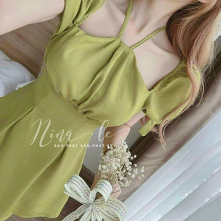 Đầm tiểu thư nữ, đầm cổ yếm tay phồng cột nơ tay chất umi mềm mịn. đầm tay búp hở vai đi chơi đi tiệc sang chảnh mtb