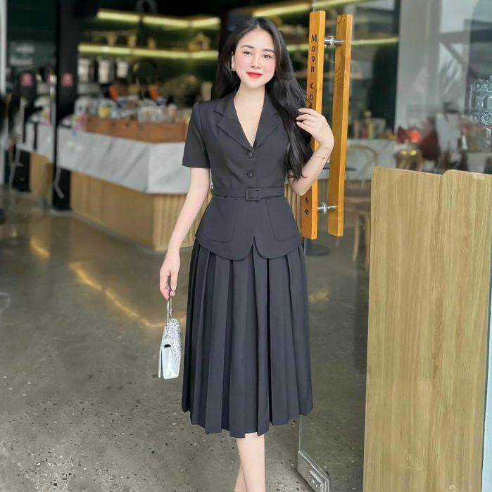 Set đầm váy áo sơ mi và chân váy vest nữ cotton lạnh dập ly nâu hồng đen công sở sang trọng