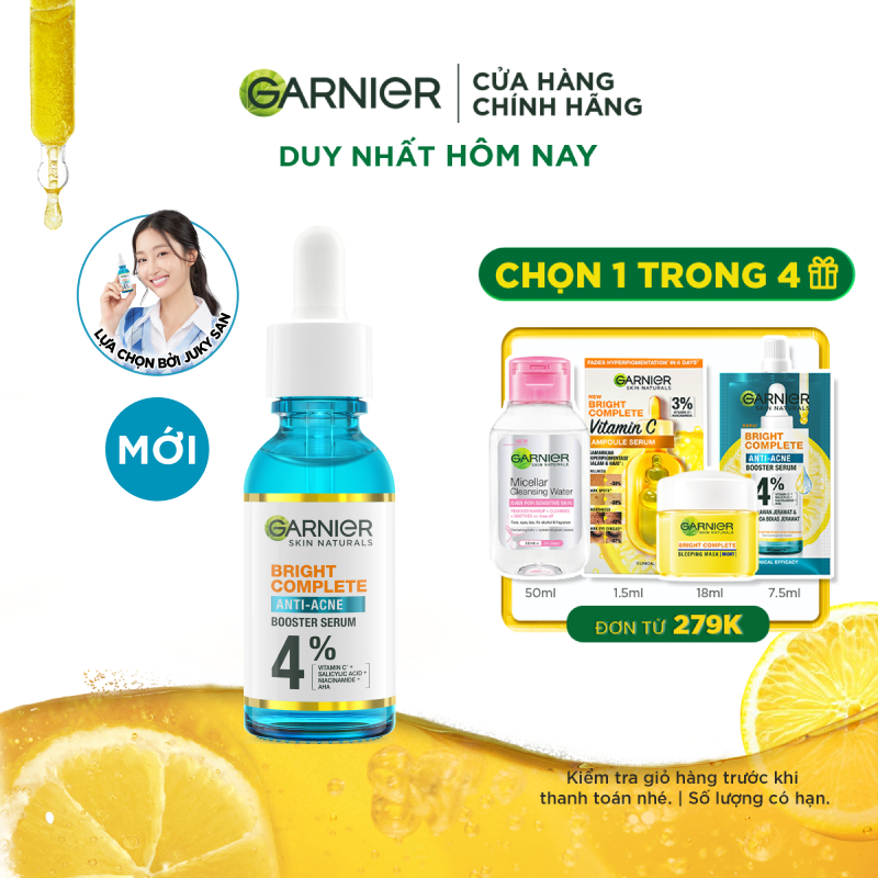 Dưỡng chất cho da dầu mụn Garnier Bright Complete Anti-Acnes Booster Serum 4% [Niacinamide, BHA, AHA, Vitamin C] 30ml