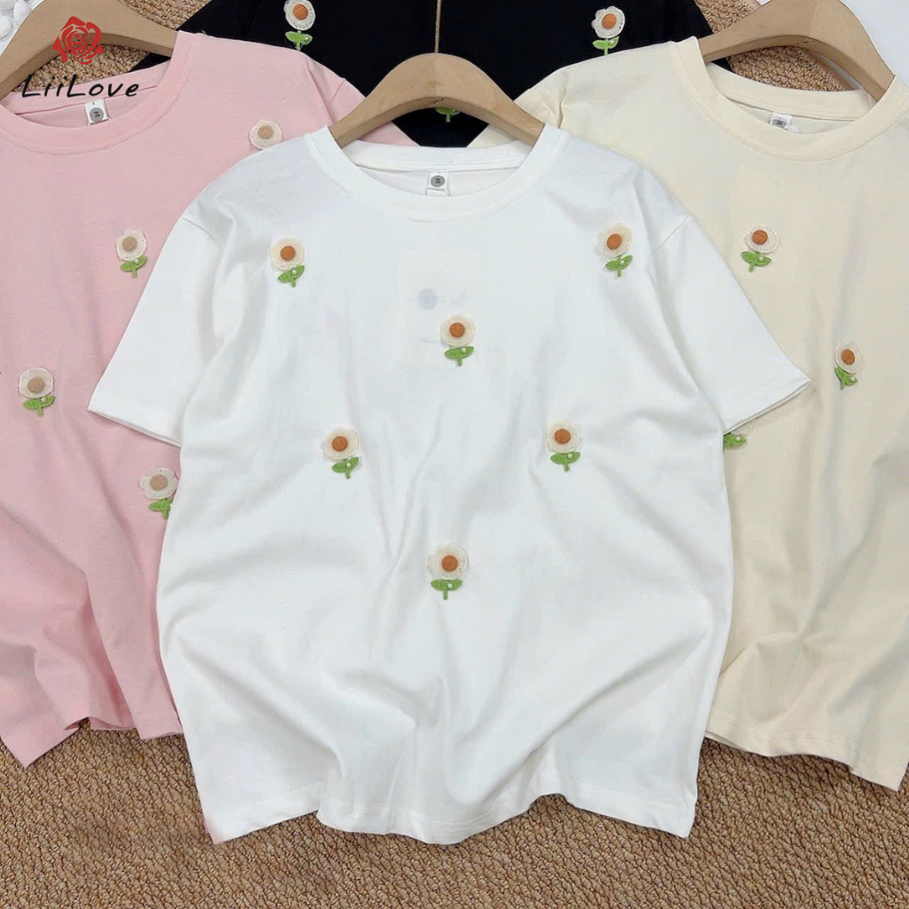 Áo Phông Nữ Ngắn Tay Đính Hoa Chất Cotton Khô Freesize từ 40-58kg Lii Love PG28