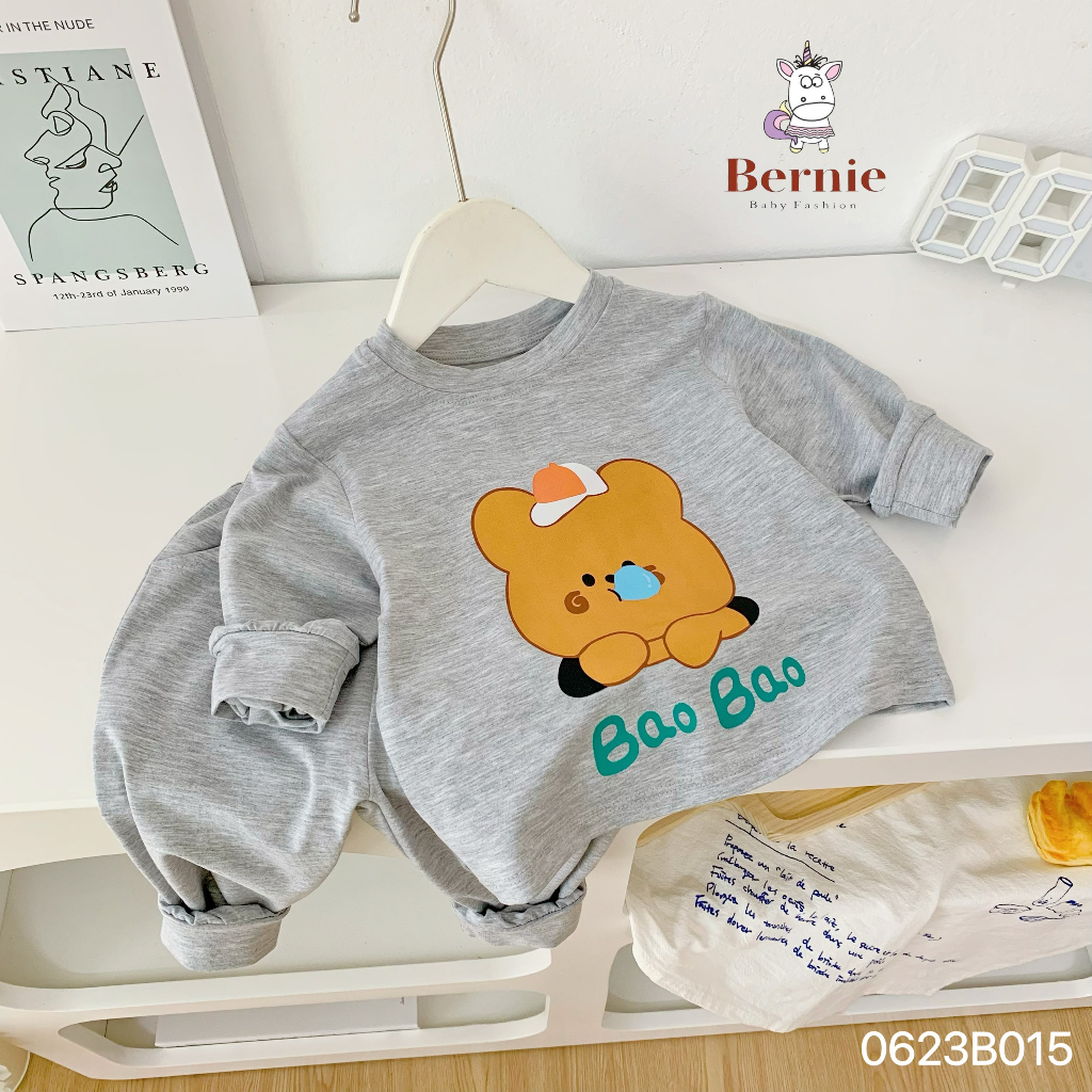 Bộ thu đông dài tay unisex cho bé, bộ thun cotton mềm mịn dài tay hoạ tiết hoạt hình Bernie
