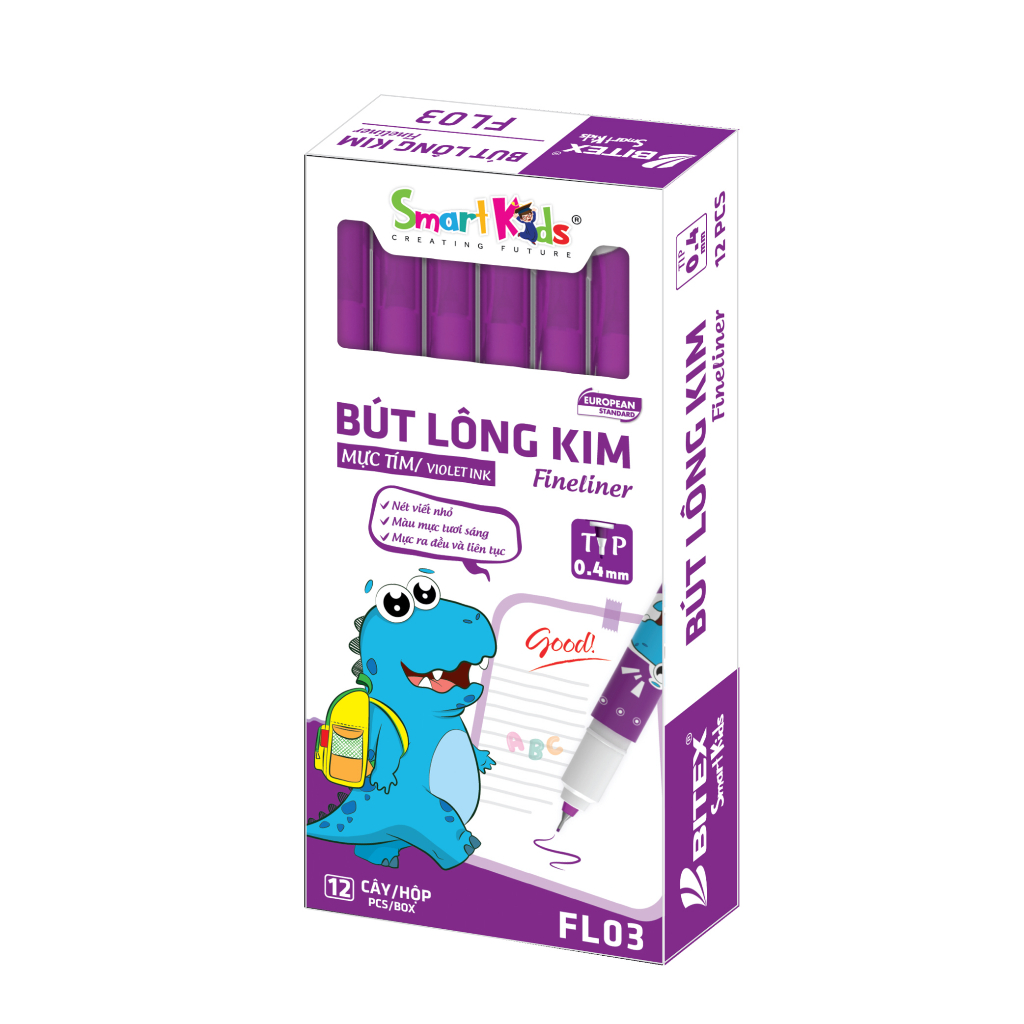 Bút lông kim Smartkids Dino FL03 (0.4mm) mực tím, mực xanh ( 12 cây/hộp)