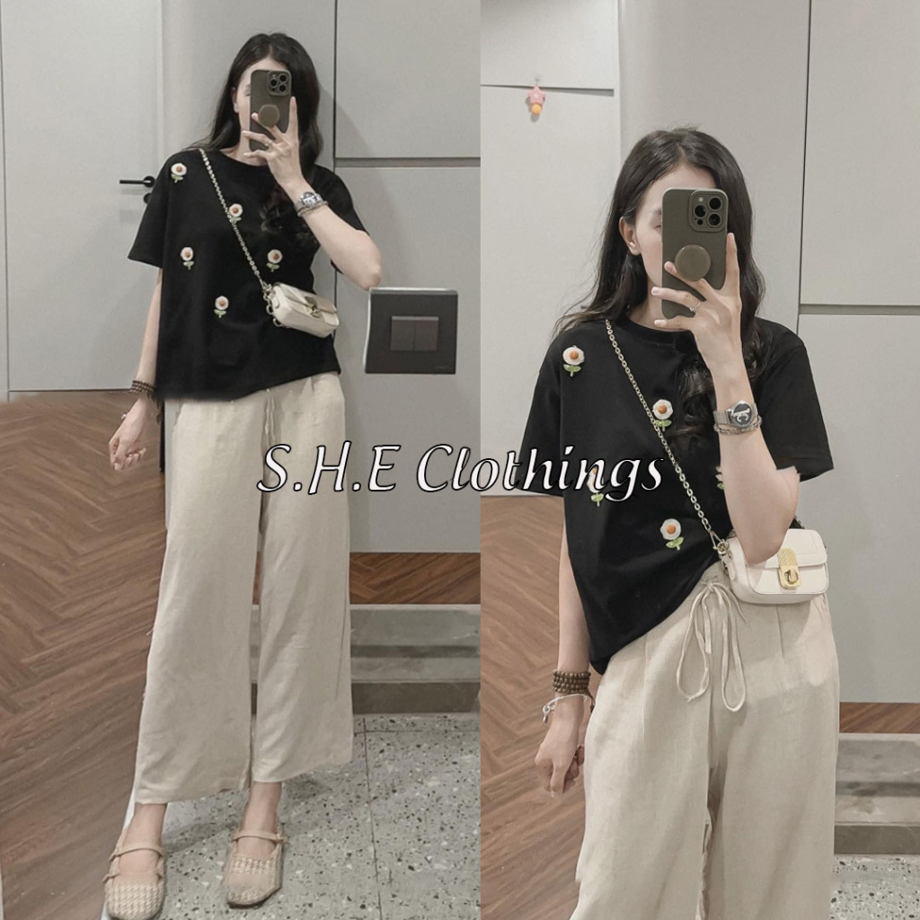 Set Bộ Đồ Nữ Áo Phông Đen Thêu Hoa Vàng Mix Quần Suông Ống Rộng Trắng Be Freesize S531