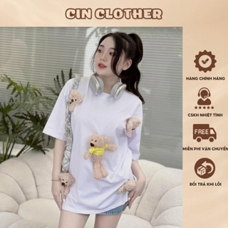  Áo Phông Kèm Gấu Phụ Kiện Dễ Thương Cotton Mịn Phom Rộng 