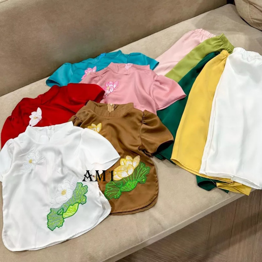 Bộ quần áo trẻ em TB366 Đồ bộ bà ba thêu hoa sen cho bé gái xinh xắn