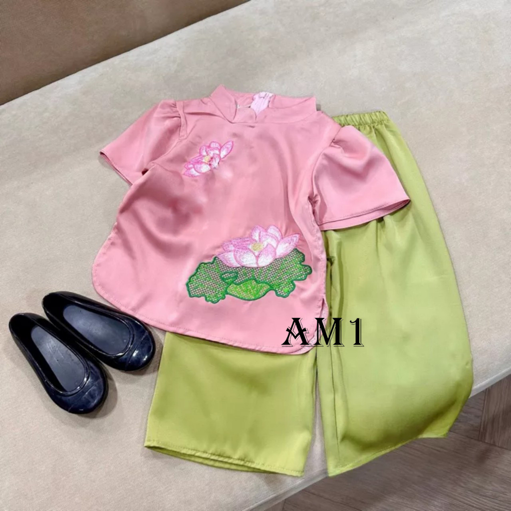 Bộ quần áo trẻ em TB366 Đồ bộ bà ba thêu hoa sen cho bé gái xinh xắn