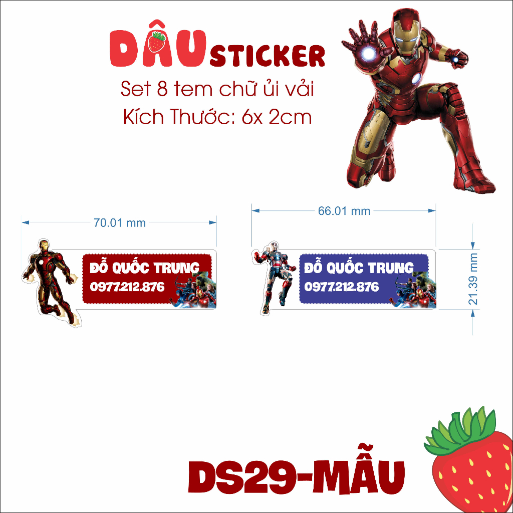 DS29 - Làm Tên ủi áo cho bé Set 8 cái siêu nhân sắt. Loại Decal Pu in cao cấp.