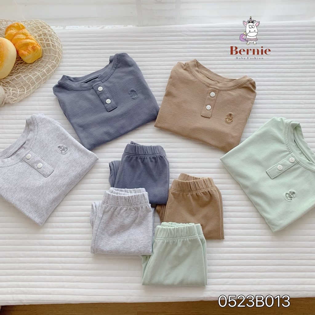 Bộ thu đông unisex trơn màu basic cho bé, bộ cotton dài tay thu đông hàng đẹp Bernie