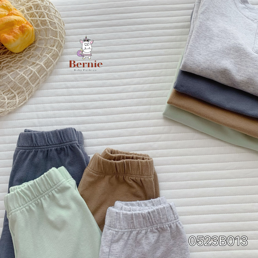 Bộ thu đông unisex trơn màu basic cho bé, bộ cotton dài tay thu đông hàng đẹp Bernie