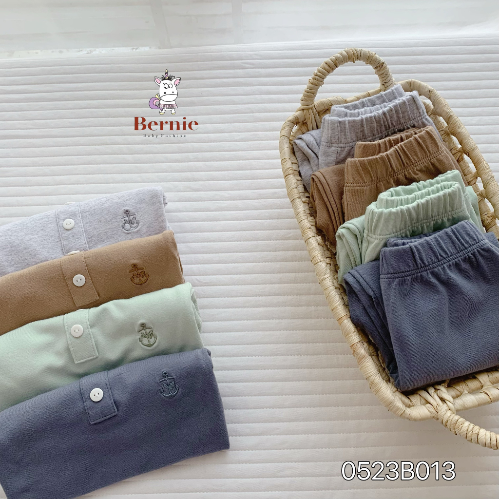 Bộ thu đông unisex trơn màu basic cho bé, bộ cotton dài tay thu đông hàng đẹp Bernie