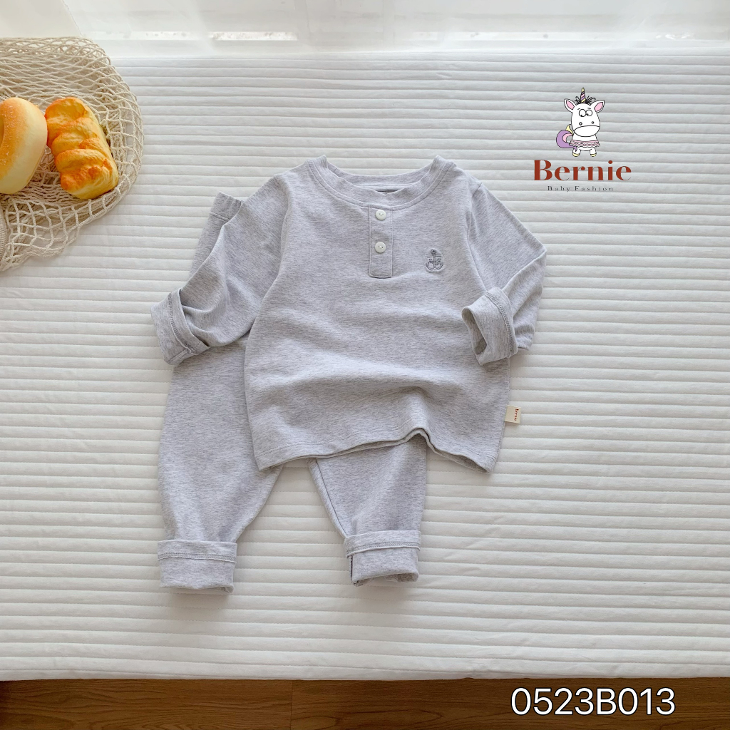 Bộ thu đông unisex trơn màu basic cho bé, bộ cotton dài tay thu đông hàng đẹp Bernie