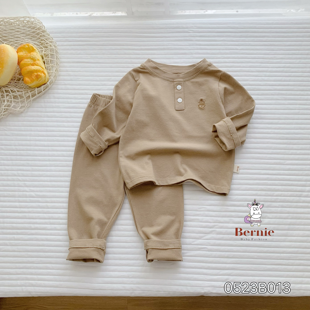 Bộ thu đông unisex trơn màu basic cho bé, bộ cotton dài tay thu đông hàng đẹp Bernie
