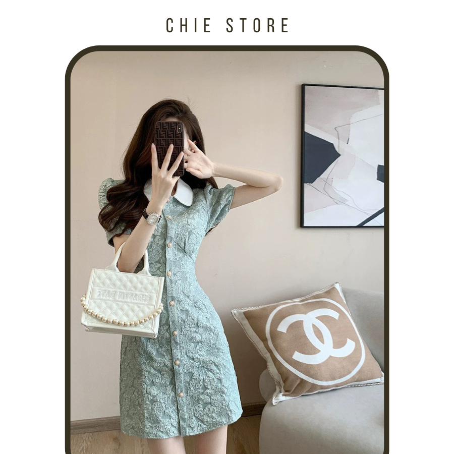 Đầm thiết kế Lanla dress Đầm dự tiệc hoa nổi vải gấm xốp đính khuy CHIE