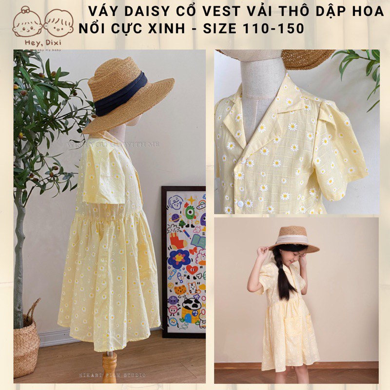 Váy thô vàng họa tiết daisy cổ vest sz110-150