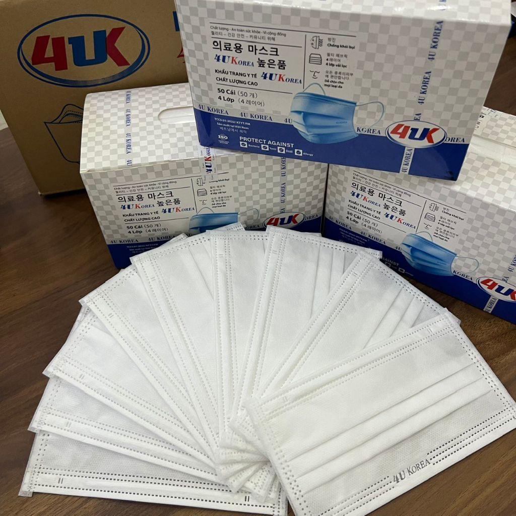 Combo 5 hộp khẩu trang y tế 4UK vải PP mềm mịn thoáng khí ngăn ngừa vi