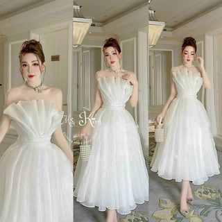 Đầm váy nữ thiết kế cup ngực voan tơ xếp ly dáng váy dài xòe bồng bềnh tiểu thư, phù hợp mặc đi dự sự kiện, đi tiệc xinh