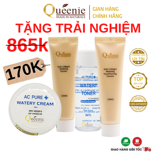 Bộ Mỹ Phẩm Chăm Sóc Dưỡng Trắng Da, Mờ Nám Tàn Nhang Queenie Bổ Sung Collagen 4 sản phẩm [SP trải nghiệm]