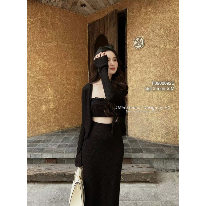 Set 3 món áo khoác tay dài áo quây croptop kèm chân váy dáng dài!