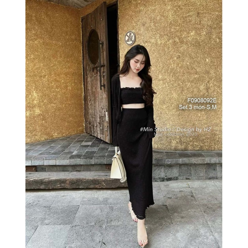 Set 3 món áo khoác tay dài áo quây croptop kèm chân váy dáng dài!