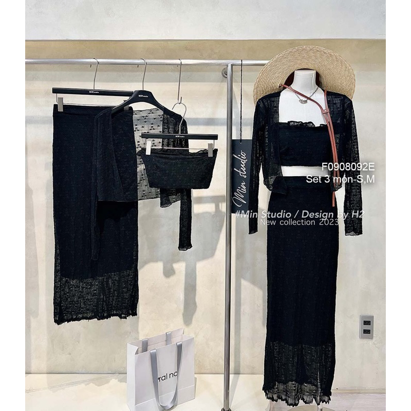 Set 3 món áo khoác tay dài áo quây croptop kèm chân váy dáng dài!